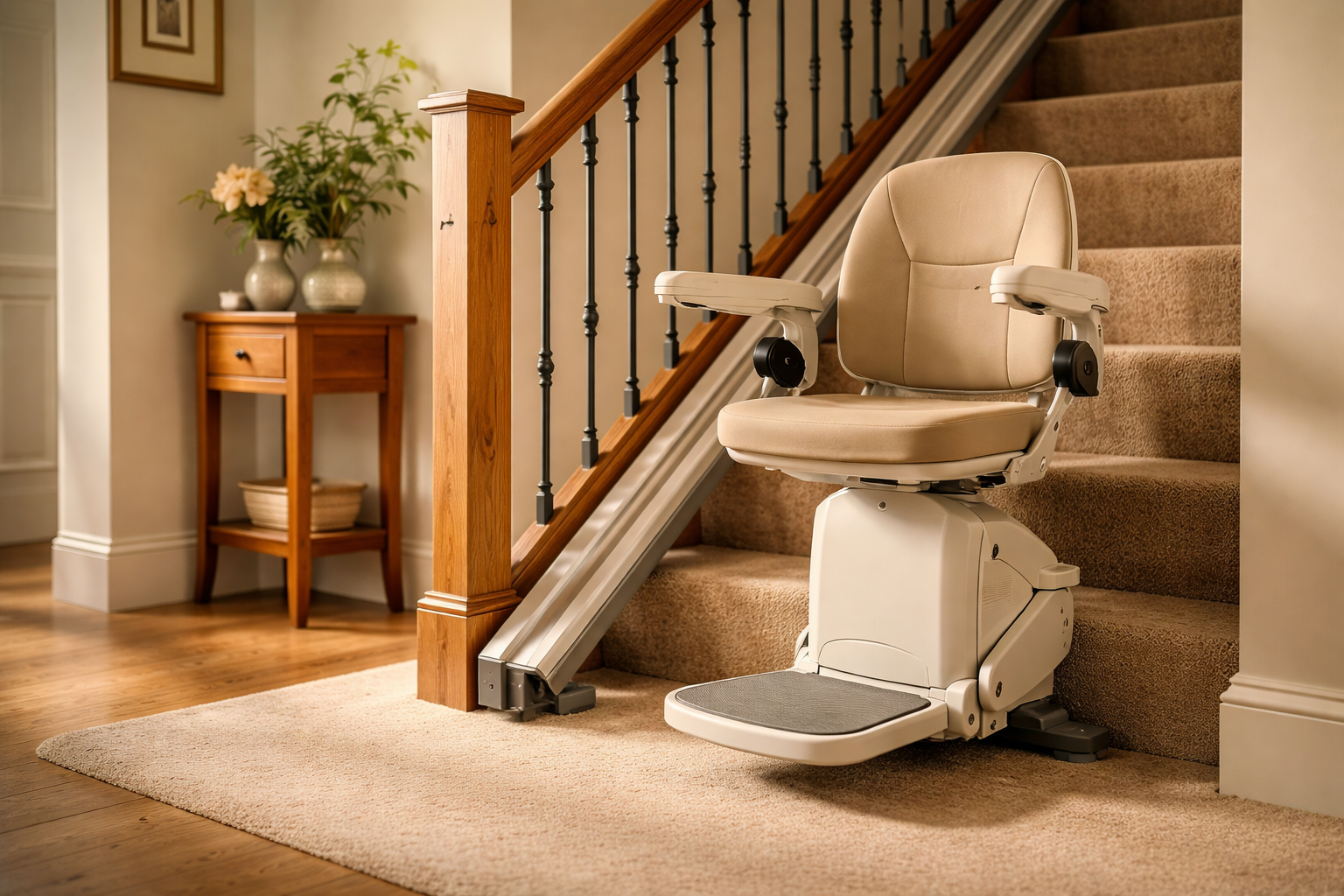 Stairlift engineer installing a rail in an Irish home
