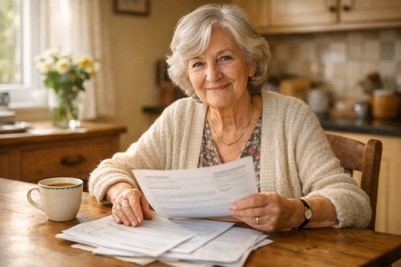 Elderly Irish homeowner reviewing grant paperwork