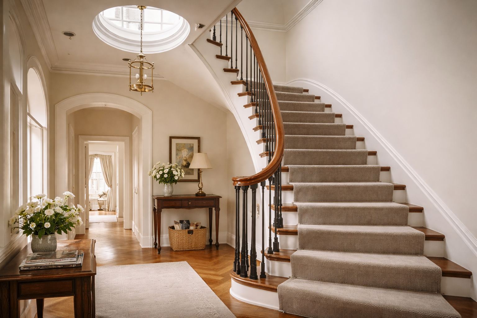 Elegant curved staircase in an Irish home