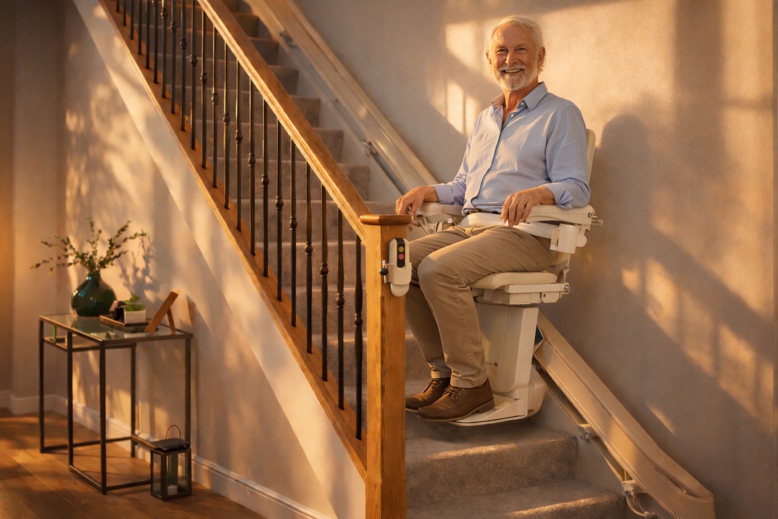 Man sitting comfortably on a stairlift at home